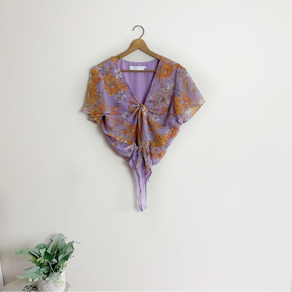 [ASTR the Label] Lavender Purple & Orange Floral Print Short Sleeve Bodysuit